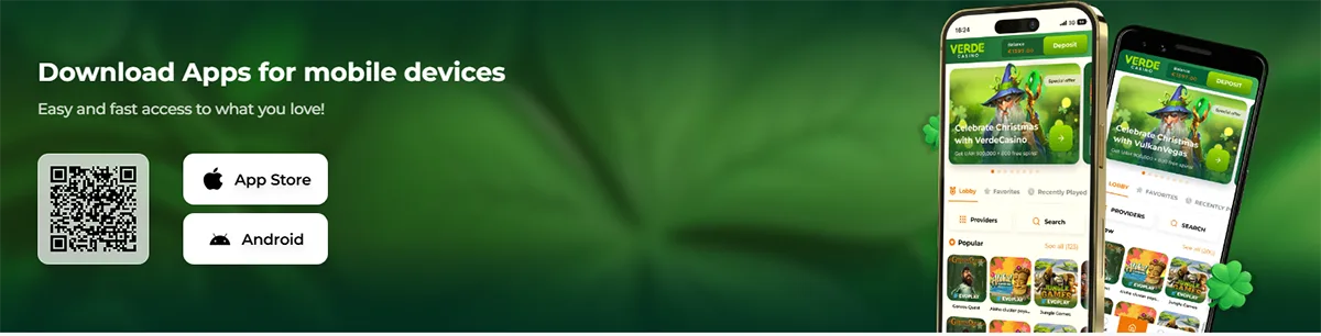 Casino mobile app download banner showing App Store and Android buttons with a QR code, alongside smartphone screens displaying the casino app interface on a green background.